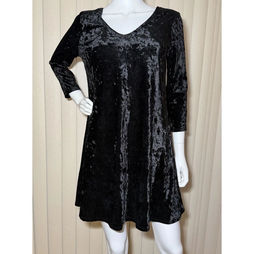 A Byer Black Crushed Velvet Mini Dress L V Neck 3/4 Sleeve 90s Whimsigoth